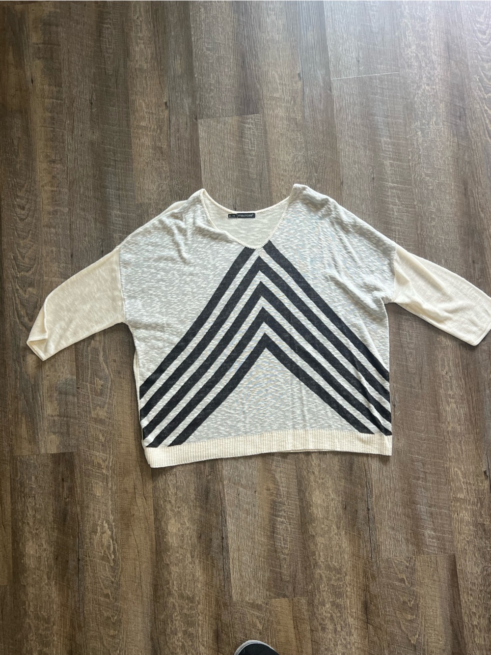 Plus size Light Cream Knit Top with Black Chevron Stripes